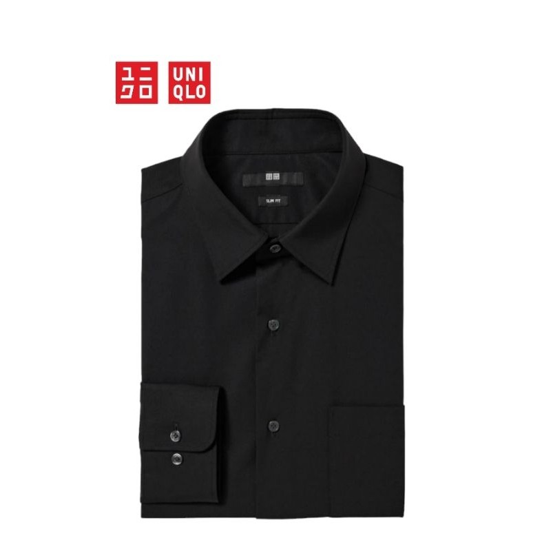 PROMO Uniqlo Kemeja Pria Hitam Polos Lengan Panjang Slim Fit