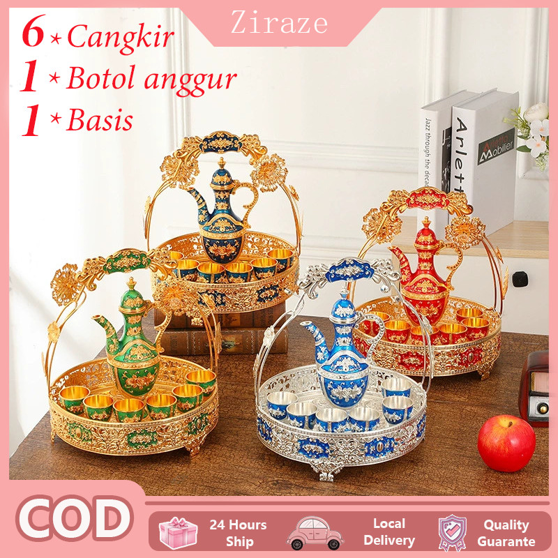 8 PCS/Set Ukiran Indah Bergaya Eropa / Gelas Anggur Kendi Ornamen Emas / Set Teko dan Cangkir Vintag