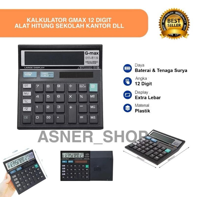 

ASNR GM-512 Calculator Layar Digital Alat Hitung Hitam 2 Power Kakulator Gmax Besar 12 Angka