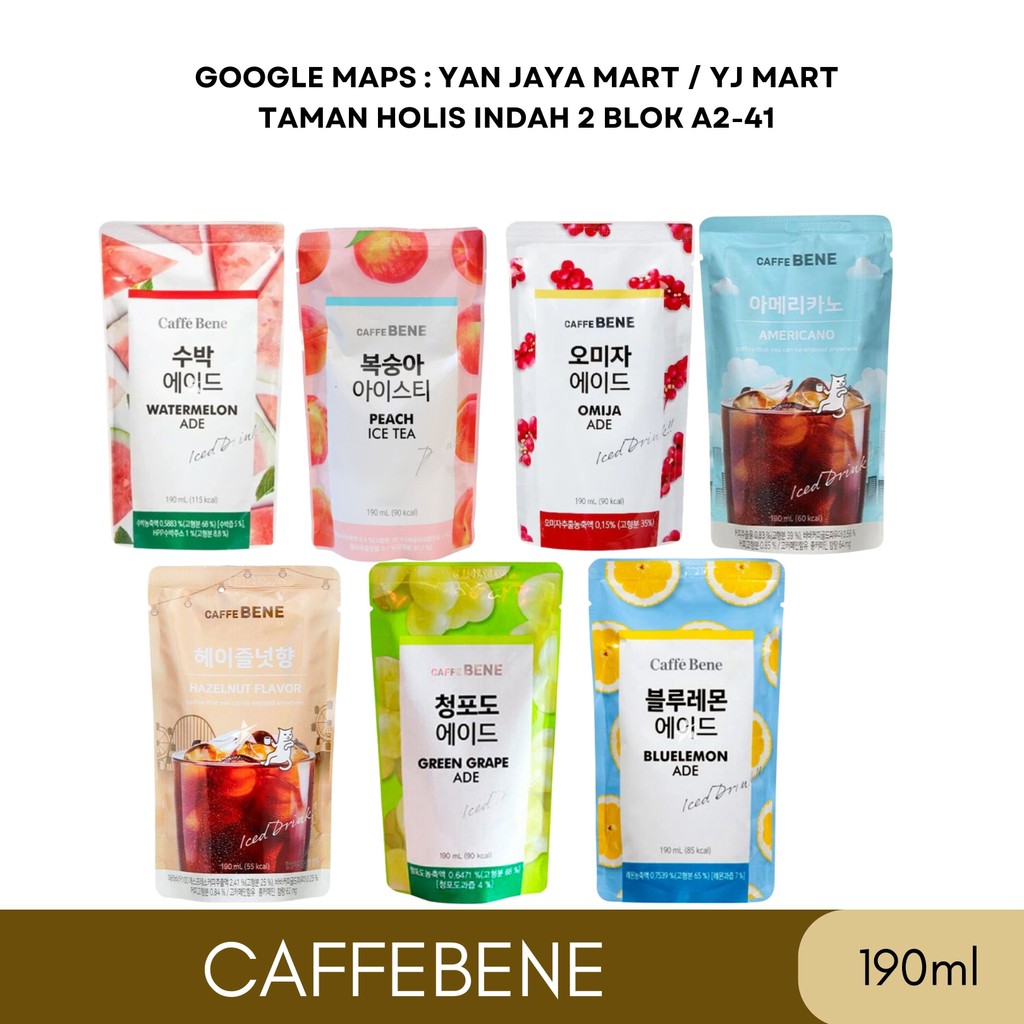 

Caffe Bene Ice Drink Pouch / Watermelon Ade / Peach Ice Tea Ade / Omija Ade / Lemon ade / Americano Coffe Kemasa Pouch 190ml