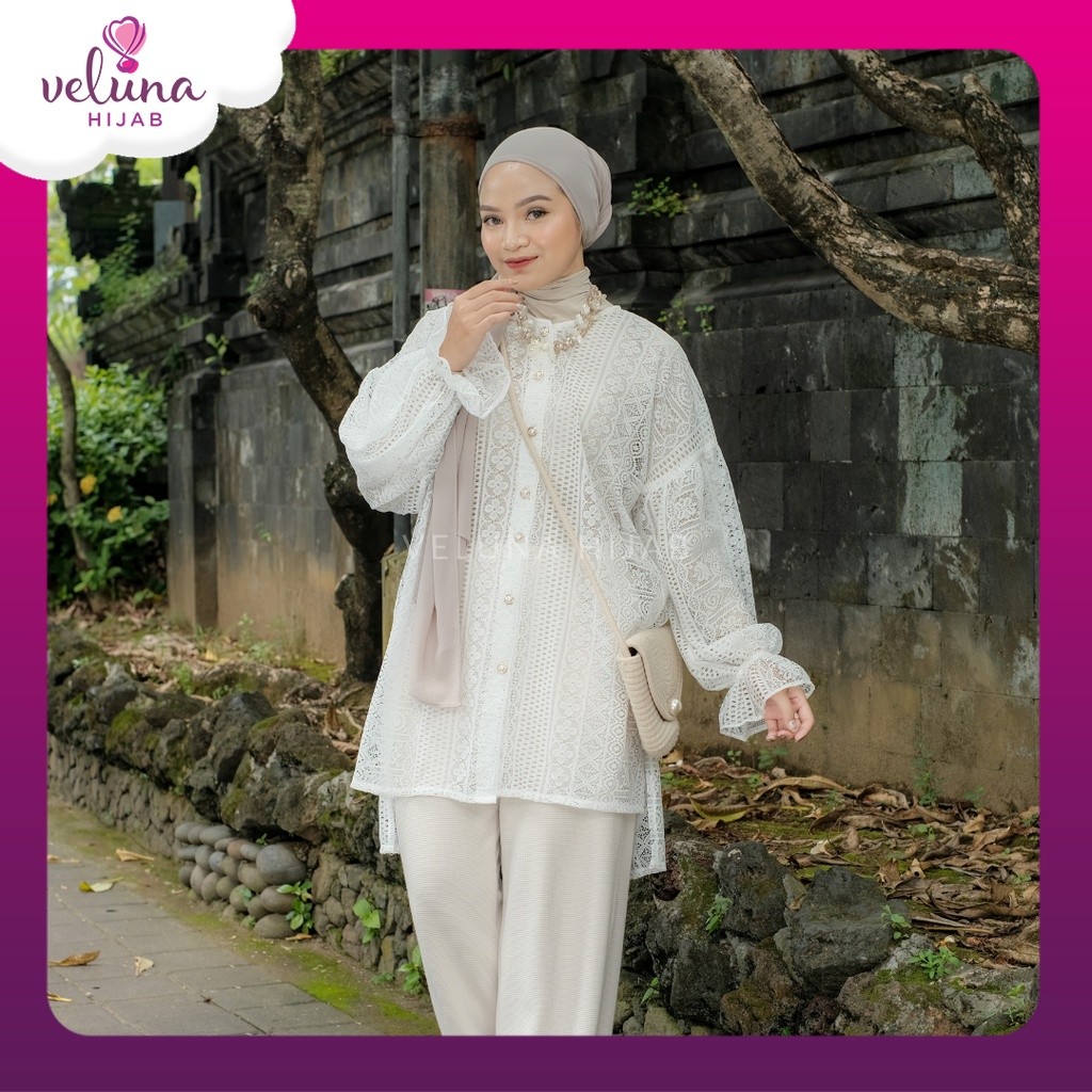 Veluna | Renica Outer Brukat Cardigan Putih Kondangan Atasan Brokat Bunga Lengan Panjang LD 120 Terl