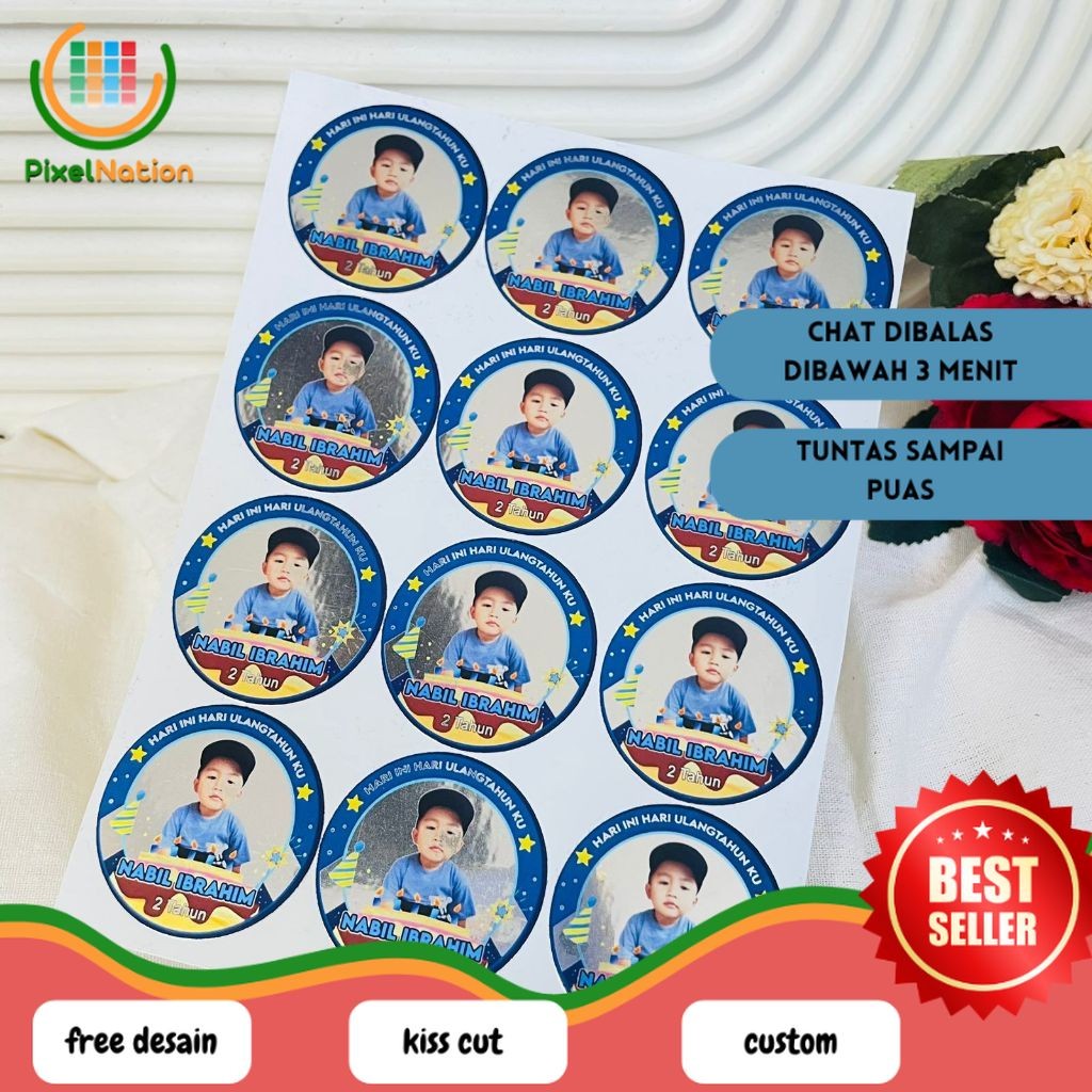

PiNat 9-15 Sticker Ulang Tahun Anak Gold/Silver Anti Air Stiker Label Happy Birthday Uk.Besar