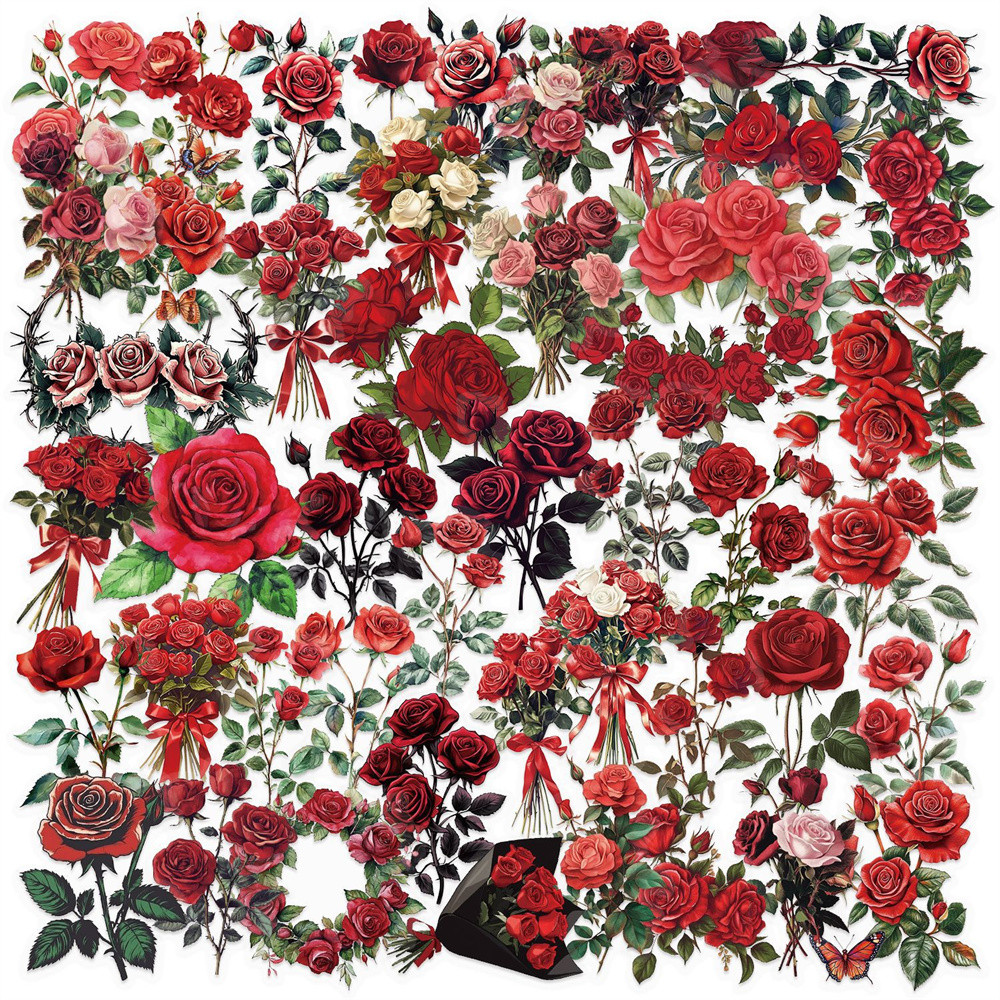 

50pcs Transparent Retro Red Rose Stickers For Phone Case Suitcase Guitar Stationery DIY Craft Supplies Cute Sticker Vintage