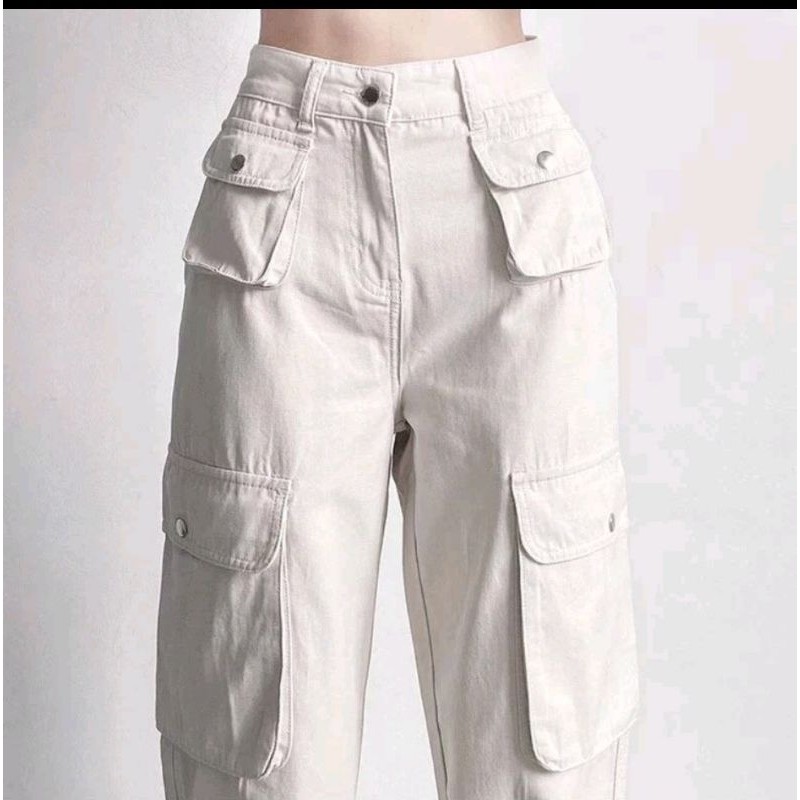 Celana Cargo Krem Highwaist Wanita-Celana Cargo Denim Pasir Putih New-Celana Cargo Wanita
