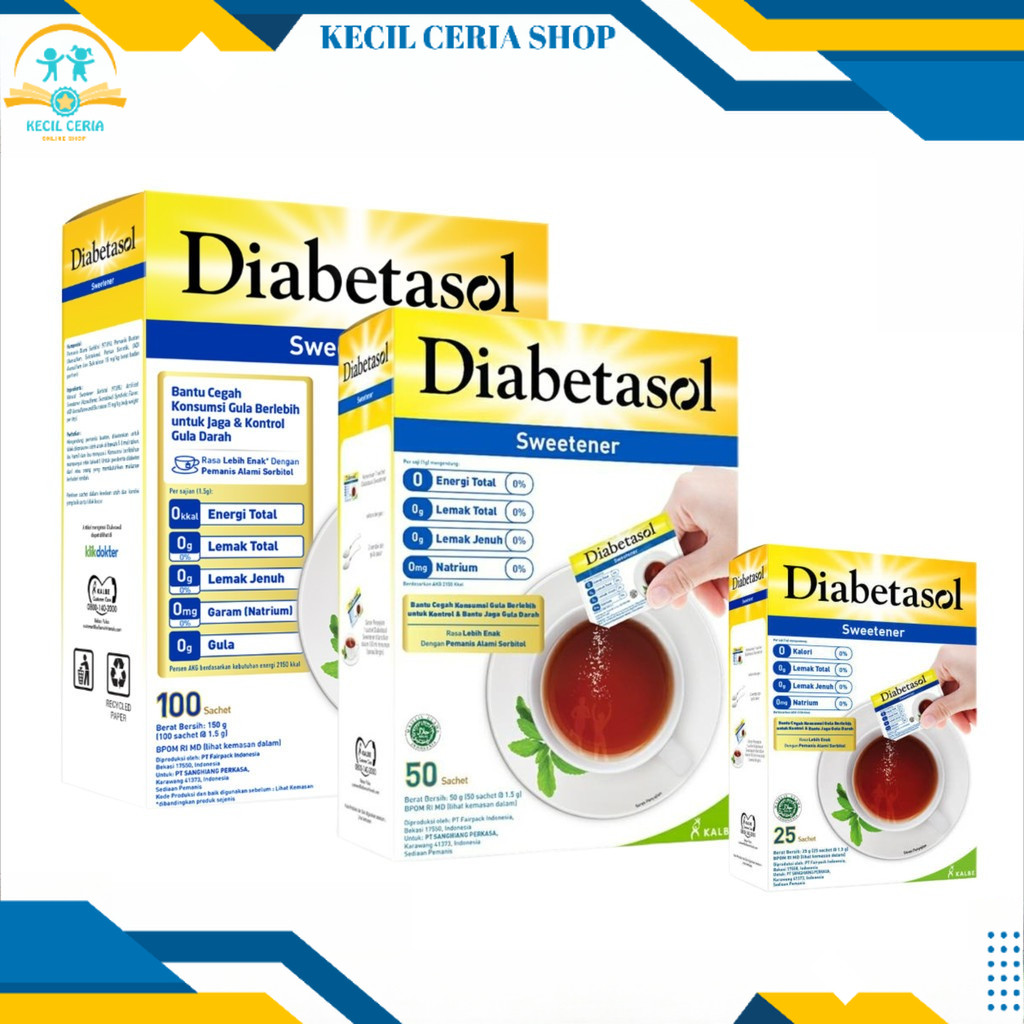 

Diabetasol Sweetener Isi 100sct Pemanis Rendah Kalori Untuk Diabetes Kecil Ceria