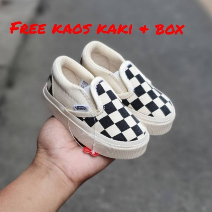 ✨LARIS✨ -Sepatu Slip On Anak Vans Catur Og Laki Laki Perempuan Old Skool Kasual - Slop CaturPutih, 1