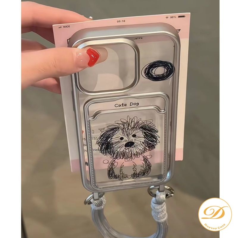 Casing Lanyard Kartu Kredit Anjing Kartun Lucu Kompatibel untuk iPhone 11 13 12 15 14 Pro Max XR 7 8