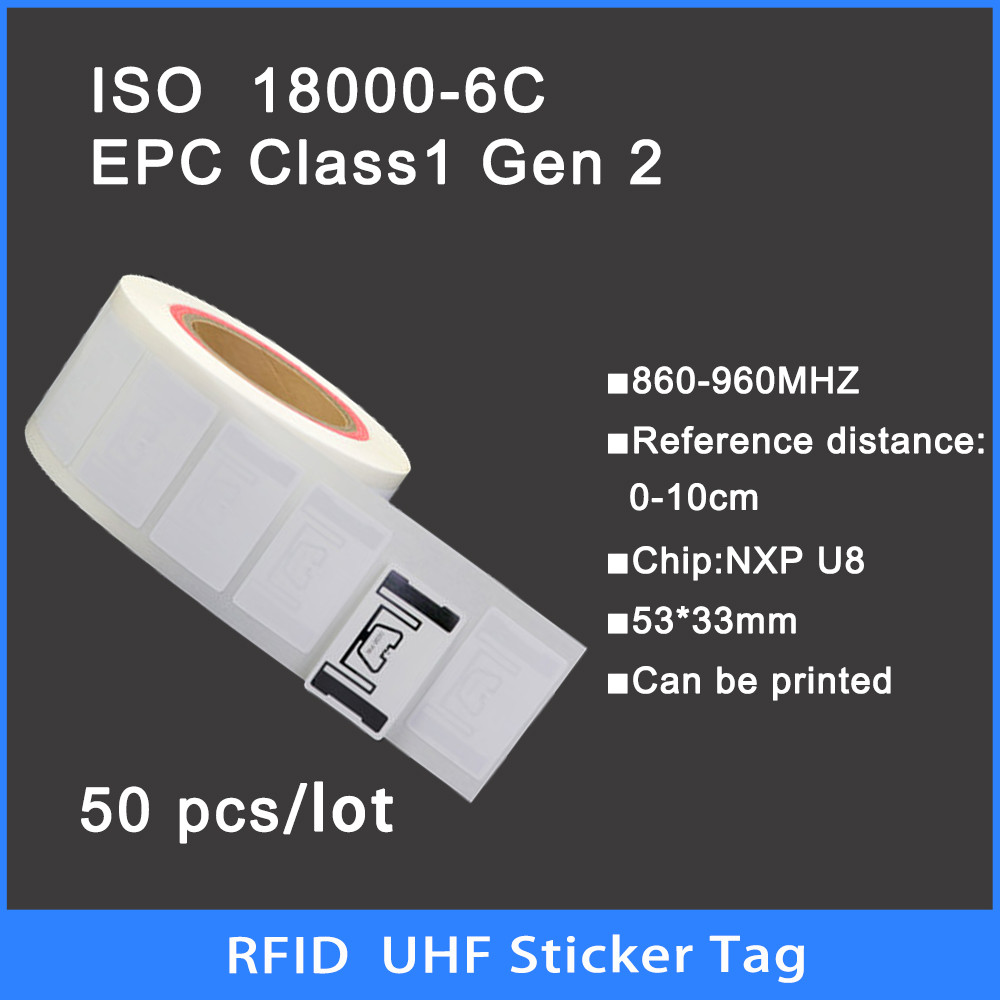 

50PCS UHF RFID tag 18000-6C 860-960MHz RFID UHF Sticker Label Tag U8 chip Electronic label 915 MHz High Quality Smart Tags