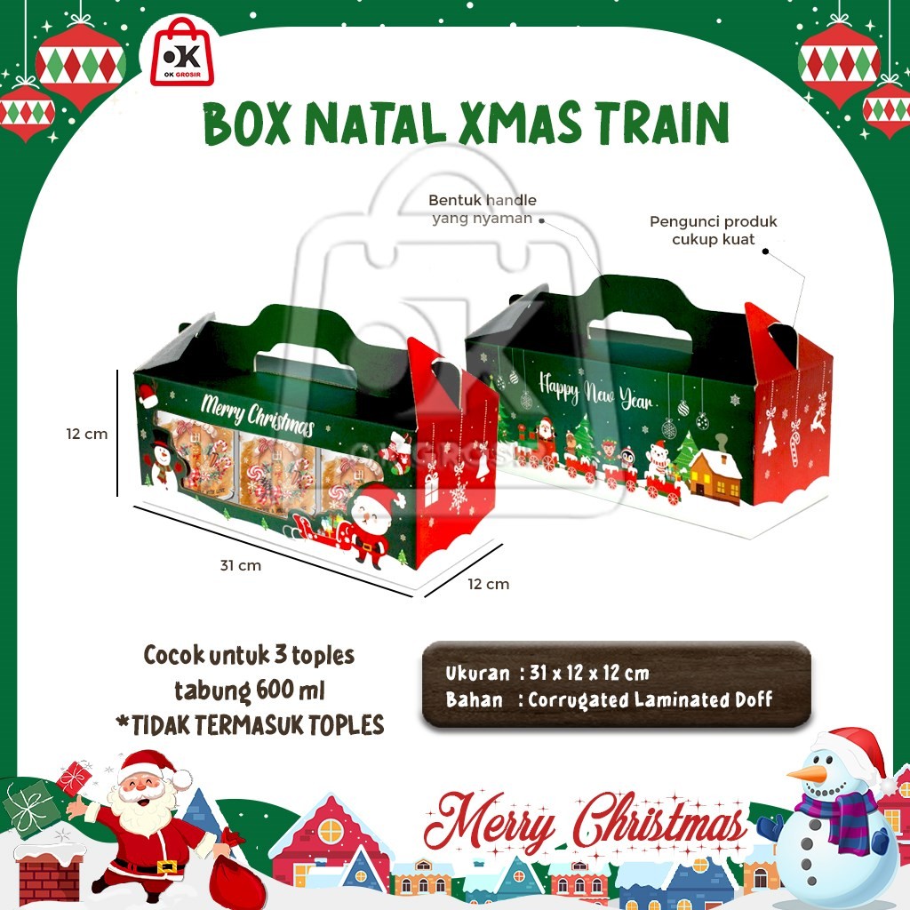 

Box Kado Natal XMAS TRAIN untuk 3 Toples Tabung 600ml Kue Kering Natal Christmas Gift Box (1 pcs)
