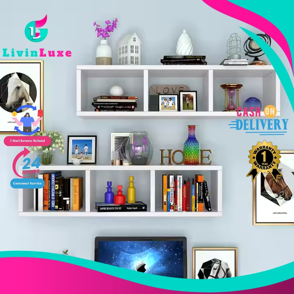 LivinLuxe - Rak Buku Dinding Gantung Serbaguna Modern Minimalis Hitam & Putih untuk Bingkai Foto Min