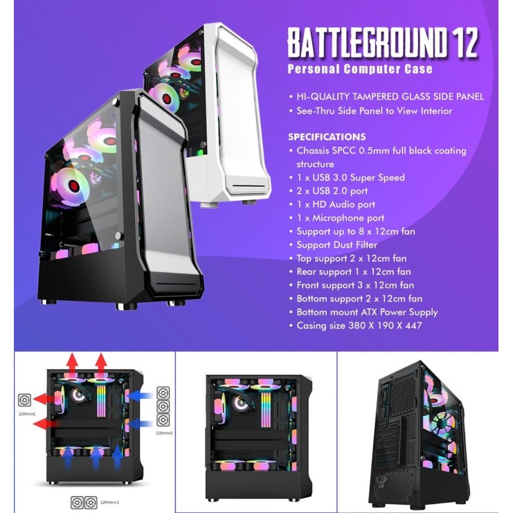 Casing Simbadda BattleGround 12 BLACK - ATX, mATX Tempered Glass