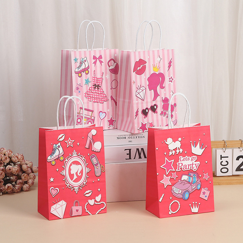 

12 Pcs Pink Kraft Paper Gift Bag with Handle Candy Favor Goody Bag Wedding Baby Shower Girls Princess Theme Birthday Party Decor