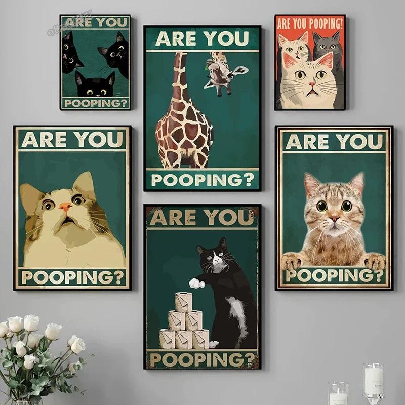 

Cute Cat Are You Pooping Toilet Wall Art Decoration Paintings Canvas Prints Posters Funny Bathroom Toilet Decor Mural Pictures