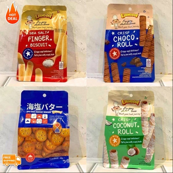 

[Barang terlaris]HALAL Lianggui Crispy Crisp Choco Coconut Roll Sea Salt Butter Finger Biscuit 68g / 60g /108g /120g