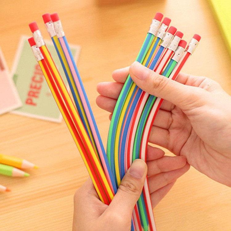 

5Pcs Flexible Soft Pencils With Eraser Cute Bendy Colorful High Stripes Bend Pen Curved Creative Toy Office Supplies