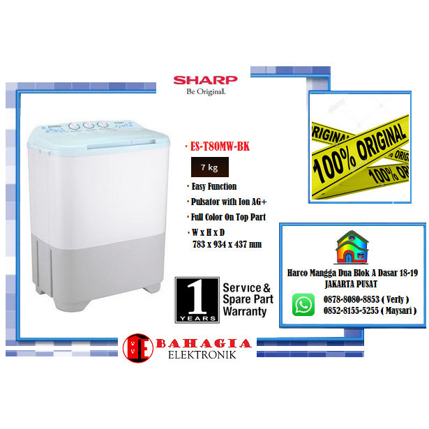 Sharp Mesin Cuci 2 Tabung ES-T80MW-BK/HK/PK- 8 Kg
