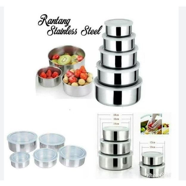 ASS RANTANG 5 SUSUN STAINLESS  MANGKOK SET + TUTUP ISI 5PCS SET TEMPAT SAYUR SET MURAH