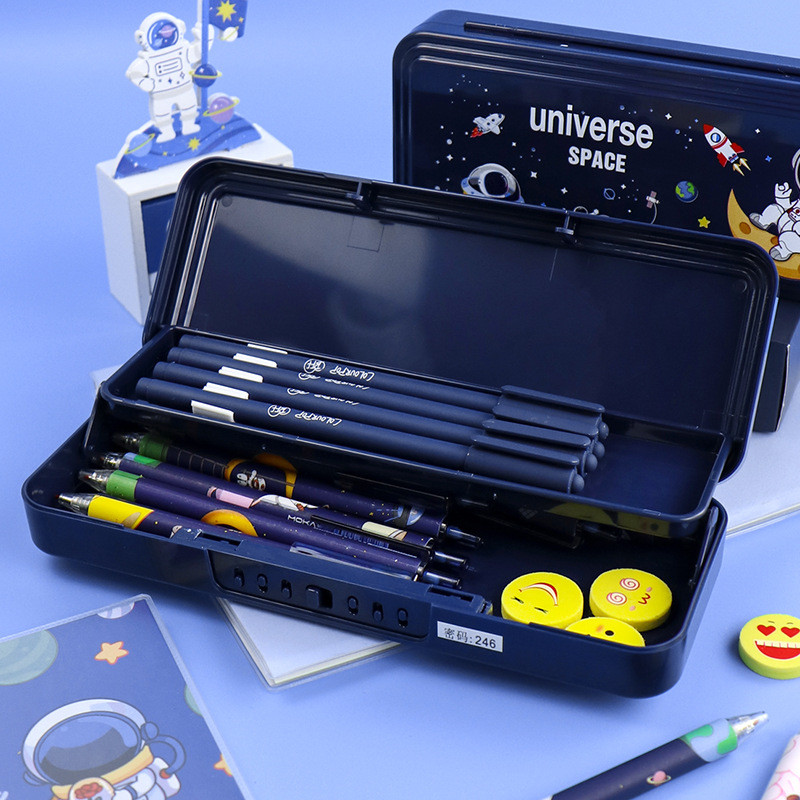 

Double-layer combination lock stationery box cute space astronaut plastic pencil box school student storage box kids pencil case