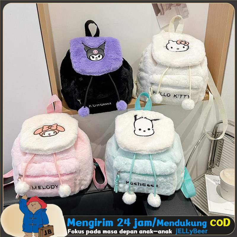 Ransel Premium Bulu Melody Kuromi Cinnamoroll Tutup Depan Serut Tas Tutup Depan Serut Tas Ransel Mew