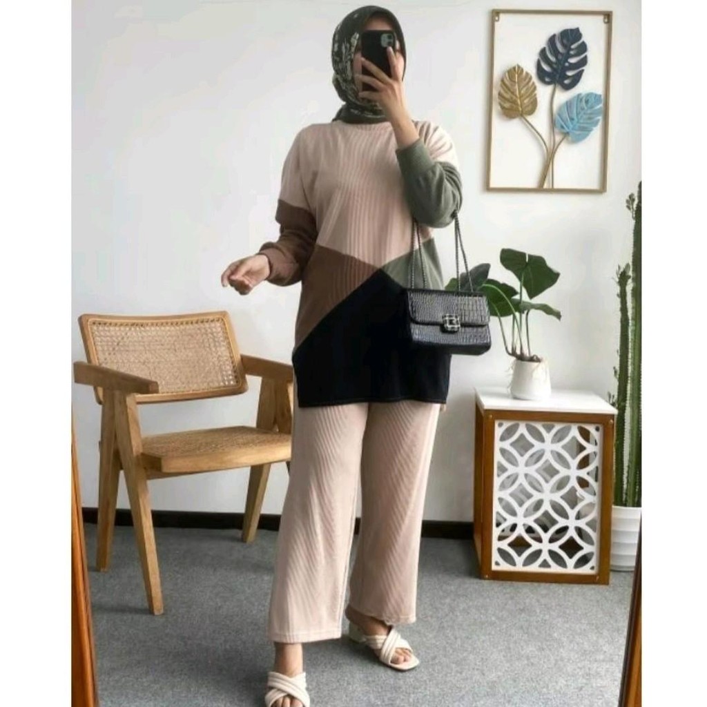 Setelan Wanita Rib Knit Premium Elsira One Set Atasan Celana Panjang / Setelan Atasan Celana Elsira 