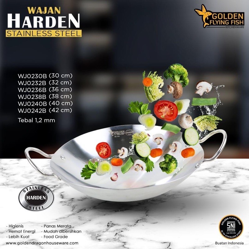 GANDISUARTINILARISSHOP Golden Flying Fish - Wajan 36 cm Stainless Harden Steel Kuali Wok Anti Lengke