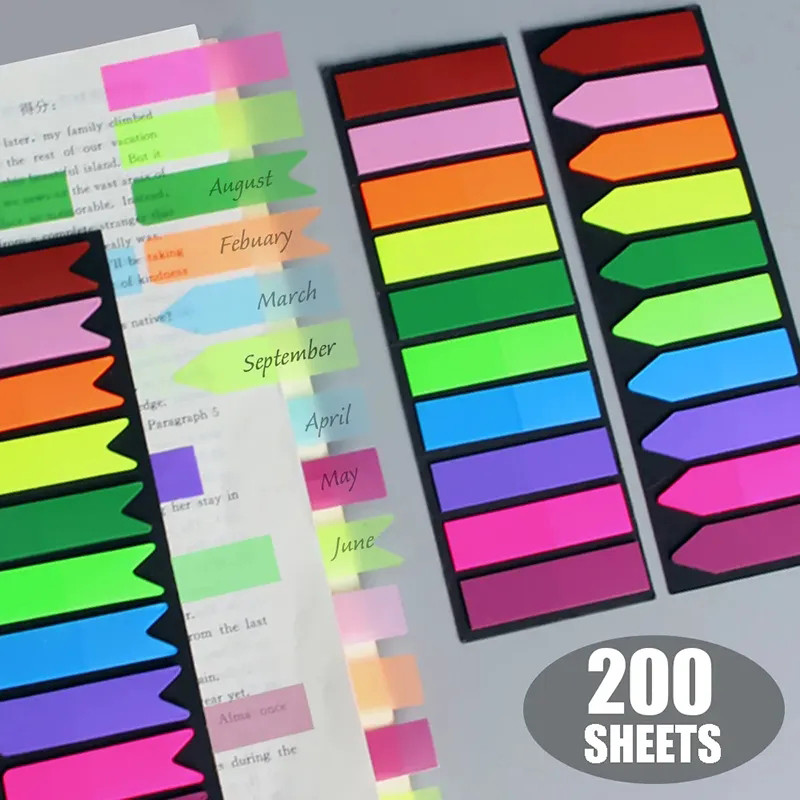 

200 sheets Color Stickers Transparent Fluorescent Index Tabs Flags Sticky Note Stationery Children Paper Student Office Supplies