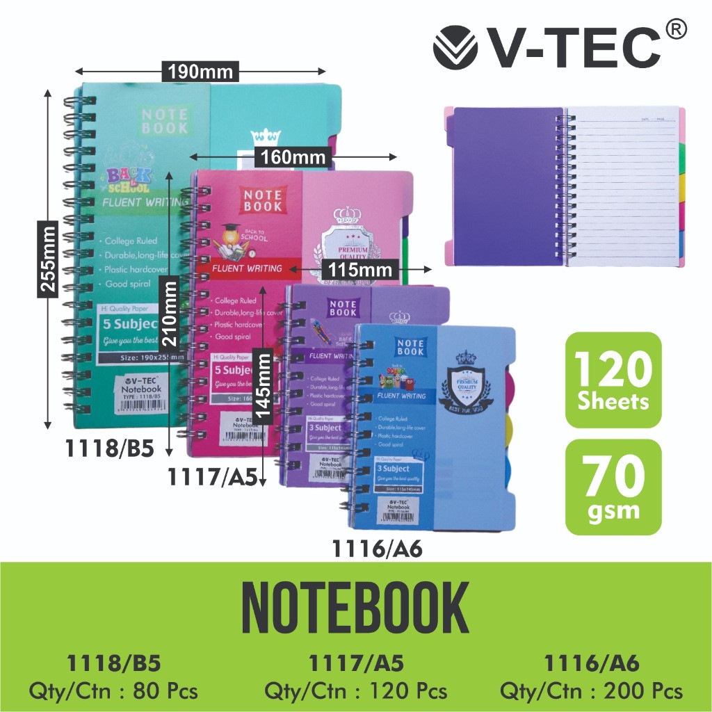 

V Tec Notebook Spiral A6 A5 B5 Bergaris 120 Sheet 70 gsm - V-Tec Notebook 1116/1117/1118