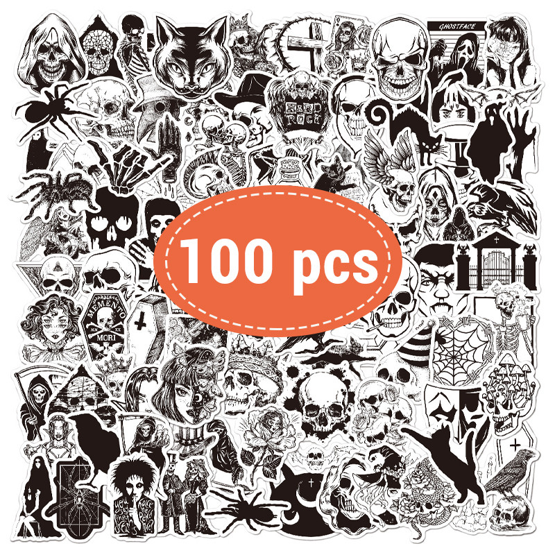100Pcs Gothic Stickers Black Cool Satanic Punk Skull Stickers Horror for Scrapbooking Decor Water Bo