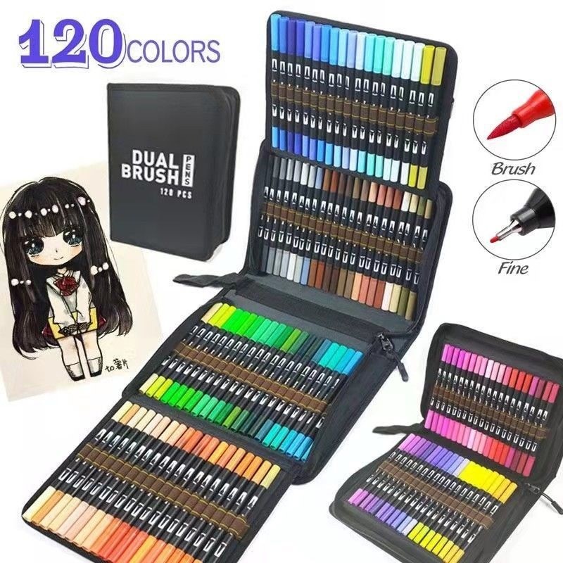 

72/100/120/168 Color Double-head Watercolor Pen Bag Set Hook Line Graffiti Painting Soft-head Marker Pen School Office Supplies