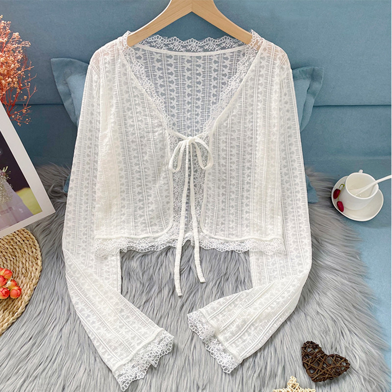 Sheer Lace Cardigan with Lace Trim Tie Front Long Sleeve Crop Top Women Openwork Floral Shrug Summer