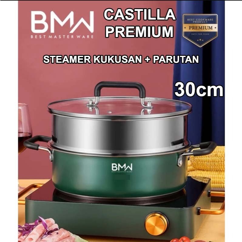 Panci Kukus Stainless 2 Susun 30cm Steamer Tutup Kaca + Parutan Kukusan BMW Castilla Premium