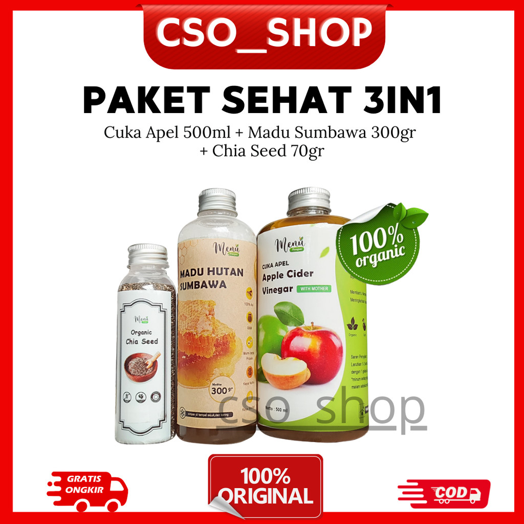 

PAKET SEHAT 3IN1 Cuka Apel + Madu Hutan Sumbawa + Chia Seed untuk Kesehatan, Diet & Imun Tubuh