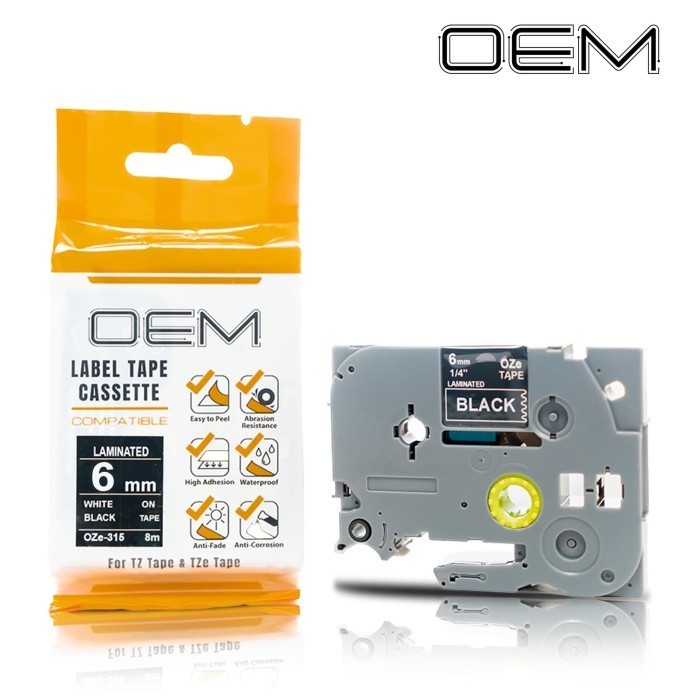 

BROTHER LABEL TAPE PITA KASET REFILL OZE 315 OZe-315 OZE315 BROTHER TZE PTOUCH 6mm White On Black HITAM PT-E100VP PT-E1110VP PT-E300VP PT-E550WPT-D600 PT-D610BT PT-D210 PT-D450 PT-H110 PT-H105PT-P750W PT-P900W PT-P950NW PT-9700PC PT-9800PCN