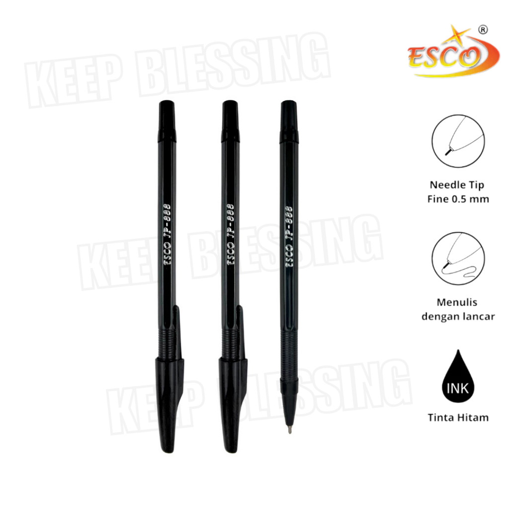 

1 Pak - 12 pcs / Ball Pen / Pulpen Esco JP 888 Warna Hitam / Hitam 0.7 mm / Pulpen murah / Duta Gemilang