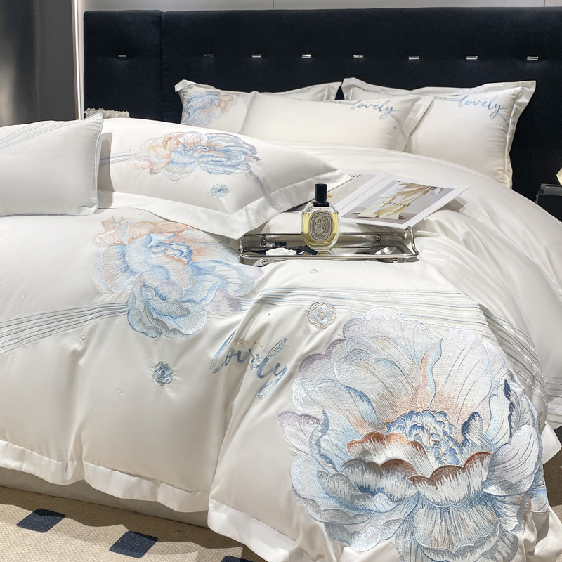 Luxury Flowers Embroidery Duvet Cover Set European Egyptian Cotton White Bedding Bed Sheet Pillowcas