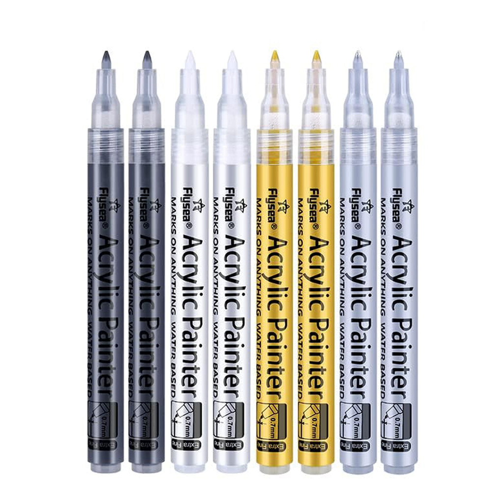 

8 Pack in 4 Colors (Black/White/Gold/Silver) Acrylic Paint Markers, Extra Fine for Ceramic, Wood, Metal, Paper, Drawing, DIY