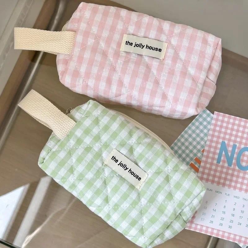 

Simplicity Fashion Student Pencil Case Sweet Green Pink Checkboard Pencil Pouch Large Capacity Stationery Makeup Holder Bag