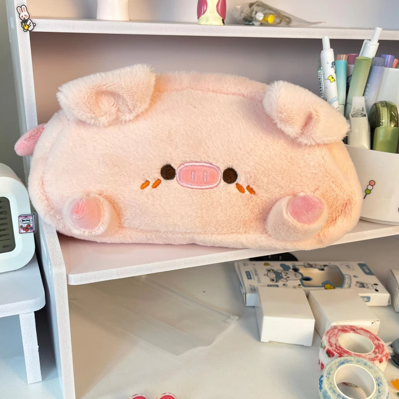 

1 Piece Fluffy Pink Piggy Pencil Case for Kids Boy Girl Cartoon Animal Pig Pencil Pouch Large Capacity Stationery Organizer