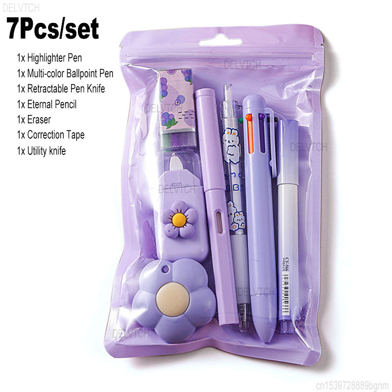 

7Pcs Stationery Set Highlighter Pen, Multi-color Ballpoint Pen, Utility knife, Eternal Pencil, Eraser, Correction Tape Supplies