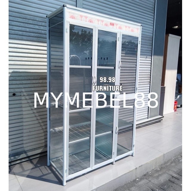 [MYMEBEL88] Termurah Rak Piring 3 Pintu Kaca Polos Hitam - Lemari Sayur Kaca - Lemari Piring Kaca 3 