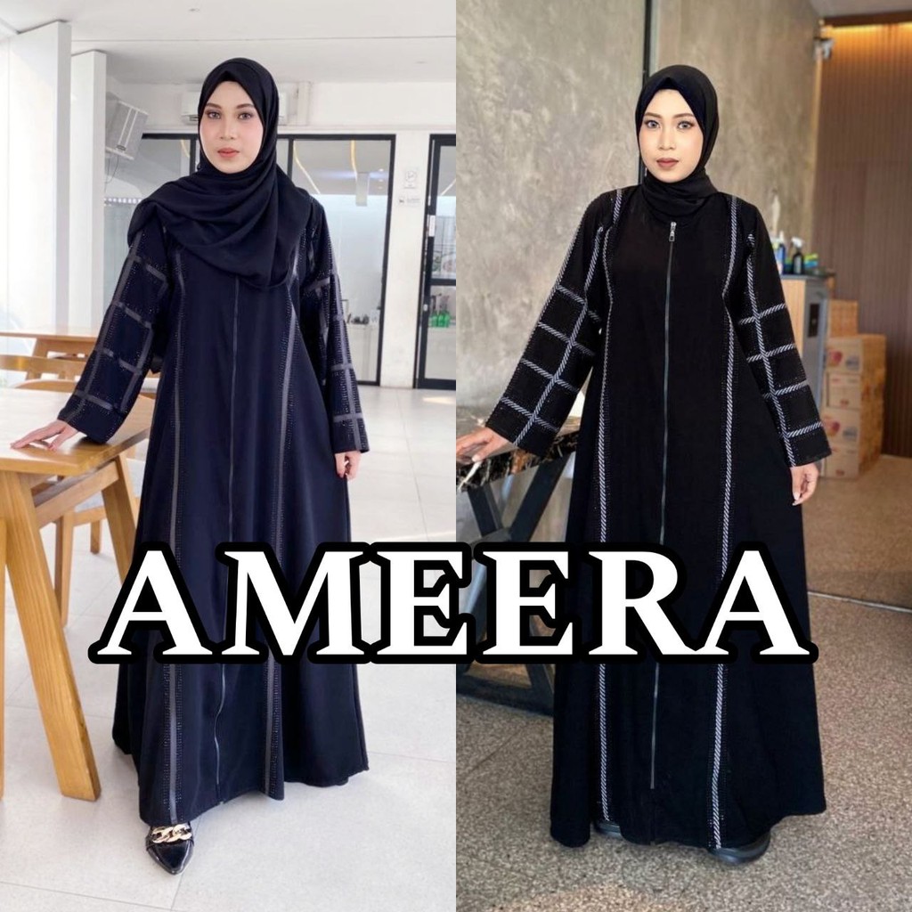 Abaya Jetblack Premium Gamis Muslim Wanita Hitam List Swarovski Elegan  - AMEERA