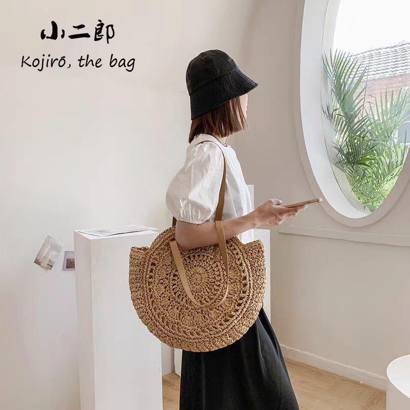 CODIns Style Holiday Bag New Korean Style 2024 Beach Wicker Bag Round Bag Hollow Bag Beige Bag Light