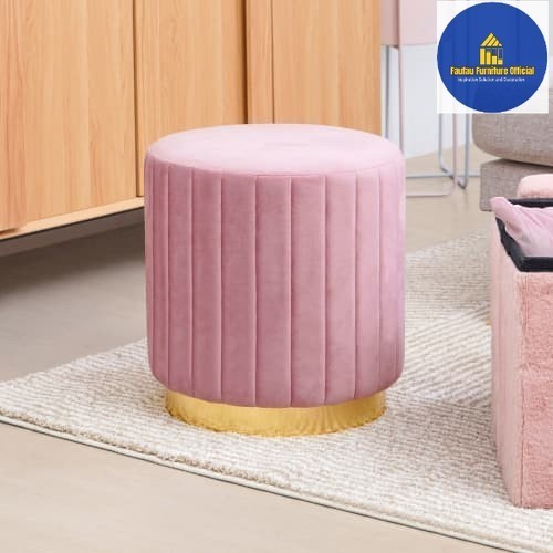 BEST QUALITY Premium Velvet Stool Kursi Ottoman Bulat Rias Kain Bludru 43cm - Pink