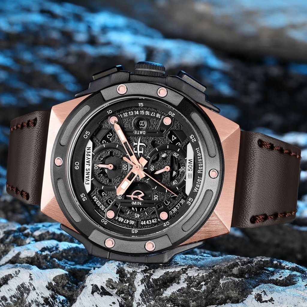 VALUE PACK [ DISKON ] Evans Jayden Jam Tangan Pria 9547 Kulit Kaca Sapphire Chronograph Water