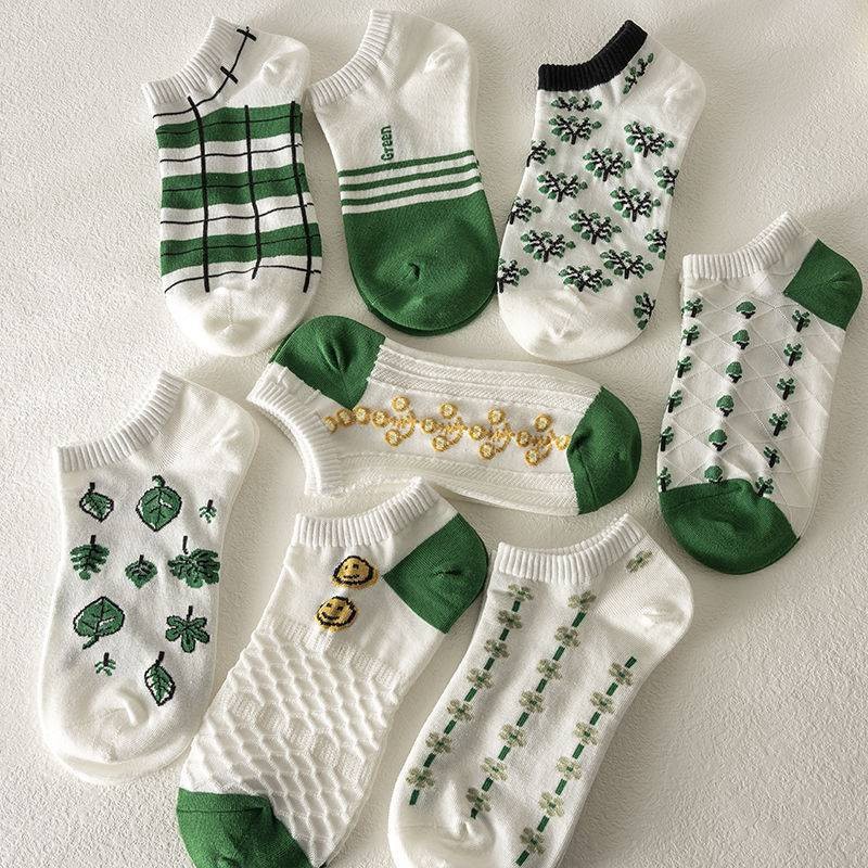 Kaos Kaki Wanita Motif Daun Daunan Hijau Kaos Kaki Gaya Jepang Import GS 780