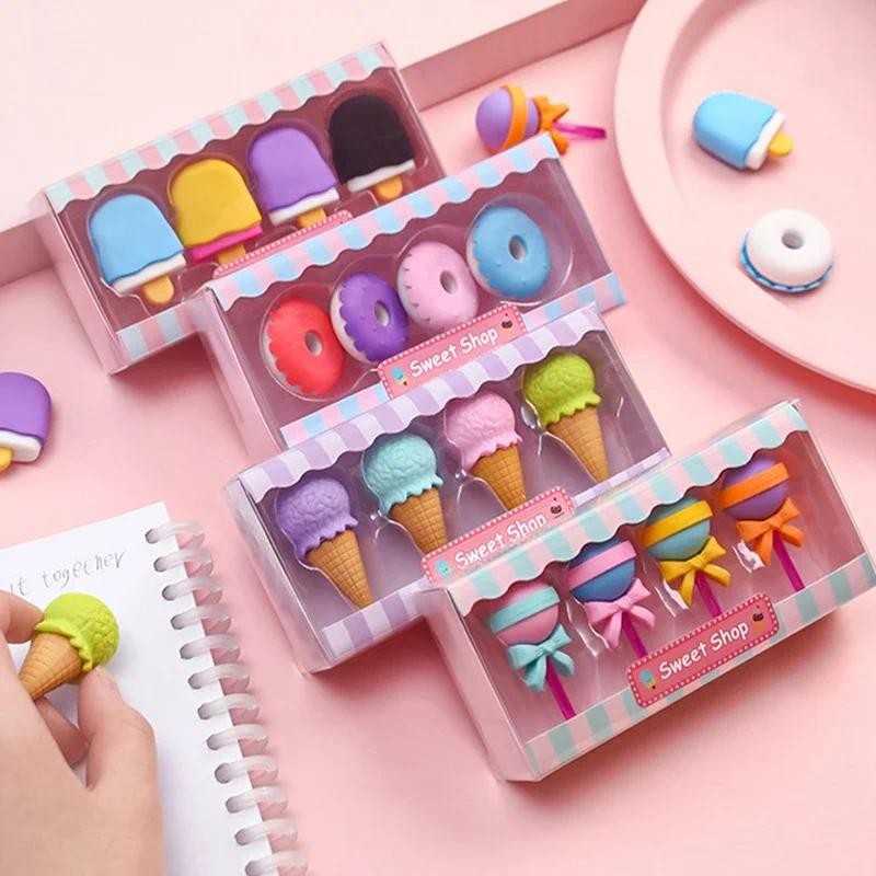 

4Pcs/box Cute Eraser Donut Ice Cream Modeling Rubber Erasers for Pencil Cleaning Stationery School Student Girl Kids Gift Award