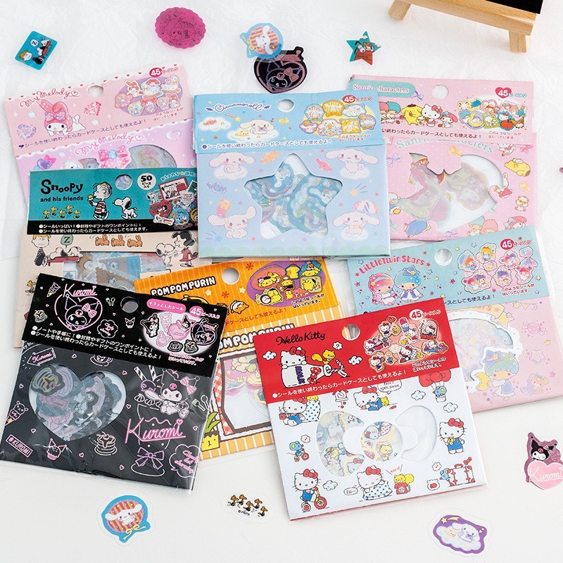 

45Sheet/Box Sanrio Sticker Kawaii Hello Kitty Kuromi Cinnamoroll Melody Hand Account Material Decoration DIY Stickers Kids Toys