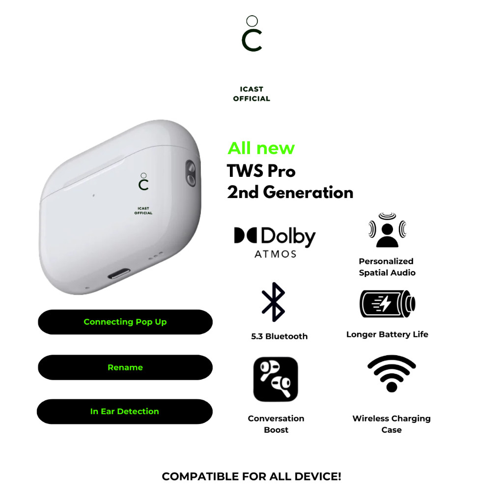 iCast TWS Pro 2 ANC TWS Earphone Wireless Bluetooth [Personalized Stereo Audio] by iCast Official