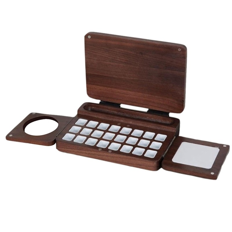 

L22A-Wooden Watercolor Palette, 6.7X4.7X1.6Inch 24 Grids Watercolor Paint Palette With Mixing Tray & Lid