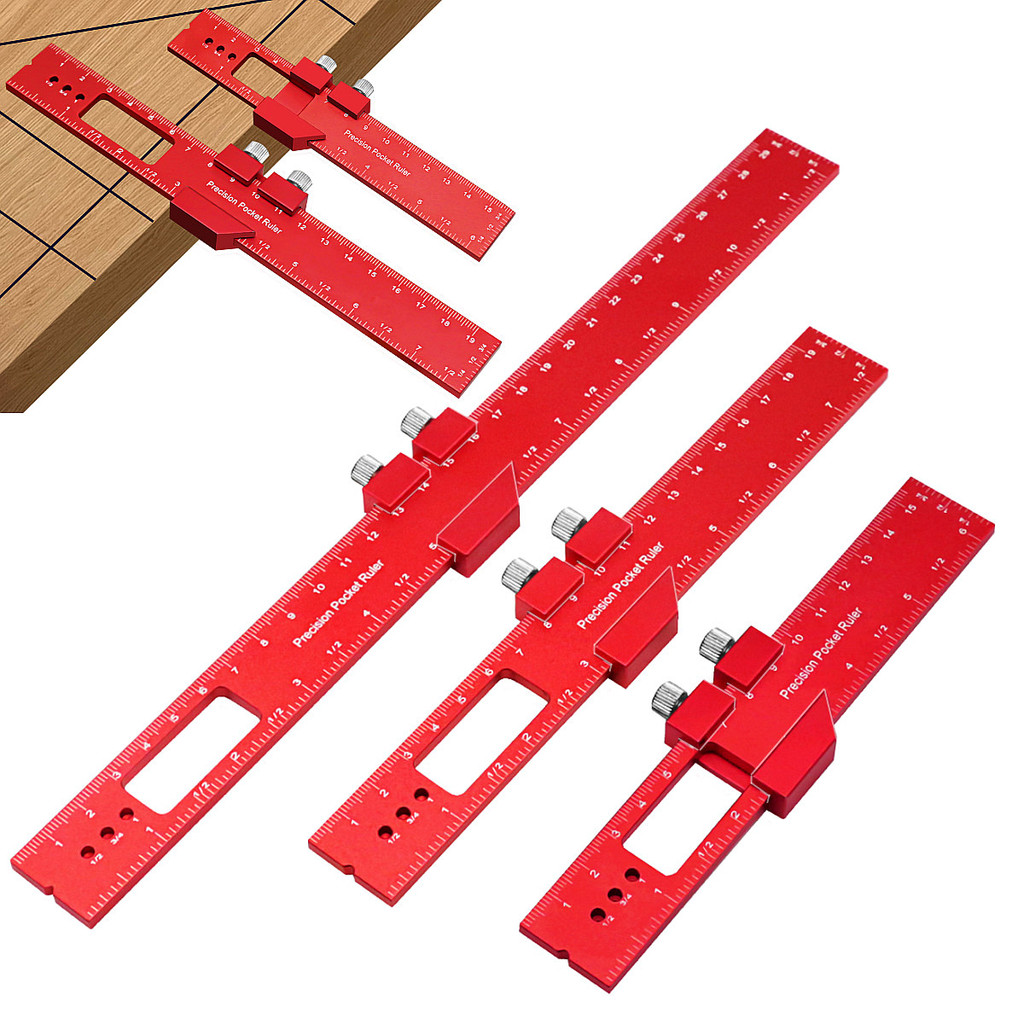 

Precision Pocket Ruler T-Type Scribing Ruler Carpenty Square T Track Ruler Inch and Metric Measuring Marking Ruler W/ Slide Stop